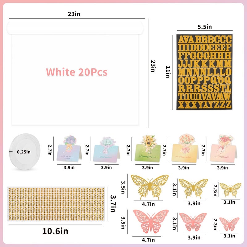 Besuper 52Pcs Flower Bouquet Wrapping Paper Accessories Kit, 20 Sheets White Waterproof Floral Wrapping Paper, 12 Gold 12 Pink Butterflies, 5 Cards, 1 White Ribbon, 1 Letter 1 Rhinestone Sticker (White Edge) - Image 2